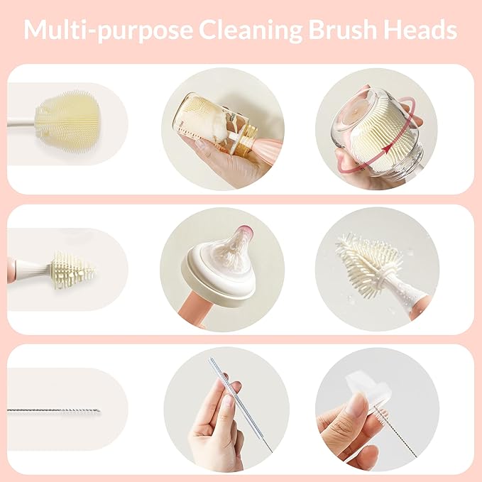 Baby Bottle Brush Kit with Push-Press Bubble and Drying Rack for Bottle Cleaning, Bendable Bottle Cleaner Brush for Baby Bottles, Breast Pumps, Nipples, Straws and More. Perfect for Home&Travel (Pink)