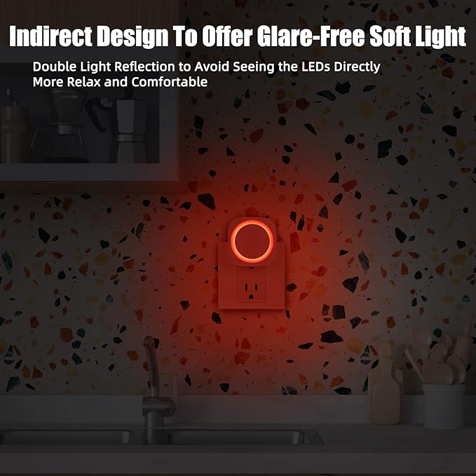 Red Night Lights Plug into Wall, 4 Packs Dimmable Night Light with Dust to Dawn Sensor, Automatically Turn on and Off, Gentle Glow Nightlight for Bathroom,Bedroom,Stairs,Kitchen,Hallway, Red