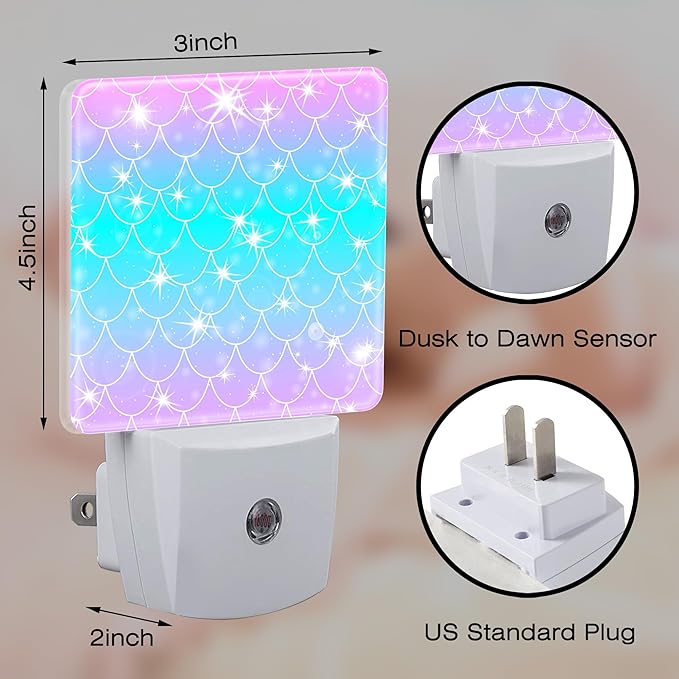 Pink Teal Mermaid Scales Night Light, Rainbow Glitter Fish Scale Dusk to Dawn Night Light Plug in,0.5w Energy Saving Sleep Friendly NightLight for Kids Boys Girls Home Decor