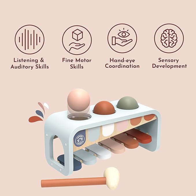 Speedy Monkey Tap Tap Xylophone – Vibrant Wooden Xylo Bench with 3 Balls, Hammer Play, Enhances Problem-Solving, and Cognitive Growth | Non-Toxic Finish, Ideal for Kids, Sturdy Learning Toy