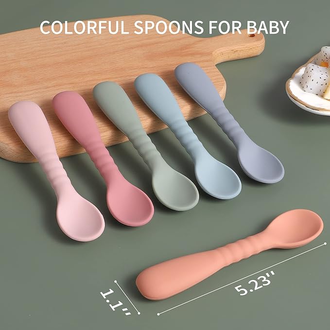 ME.FAN Silicone Baby Feeding Spoons [6 Pack] - First Stage Infant Spoons, Training Spoon for Self Feeding Babies and Toddlers