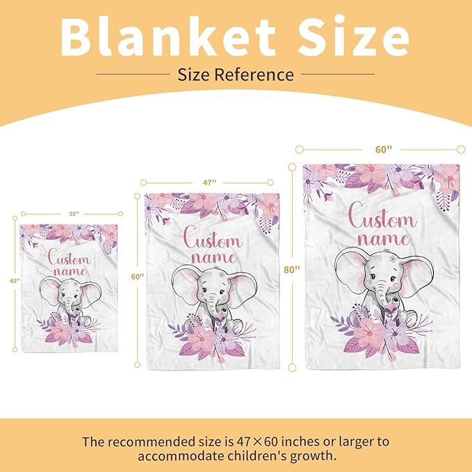 Custom Baby Blanket, Personalized Baby Blankets with Name for Infant Girl Boy, Flannel Double Layer Dotted Backing Receiving Swaddle Blanket, Purple Elephant Toddler Customized Gifts(47"x60")