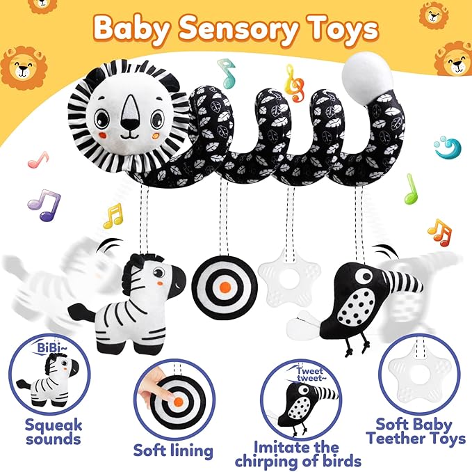 Baby Carseat Toy Black & White Rattle Spiral Hanging Activity Stroller Toy for Newborns Boys and Girls - Lion