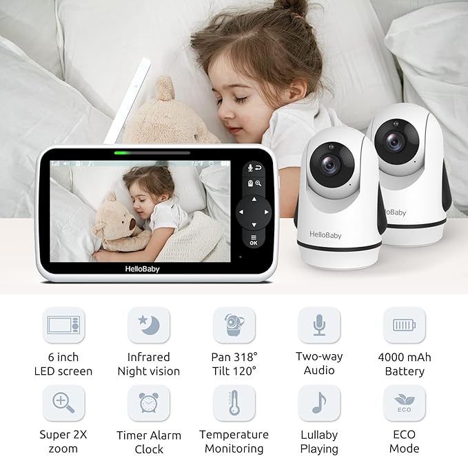 HelloBaby Video Baby Monitor with Upgraded 6” IPS Large Screen, Split Screen with 2 Cameras, Night Vision and Temprature Monitoring, Remote Pan-Tilt-Zoom Camera, No-WiFi