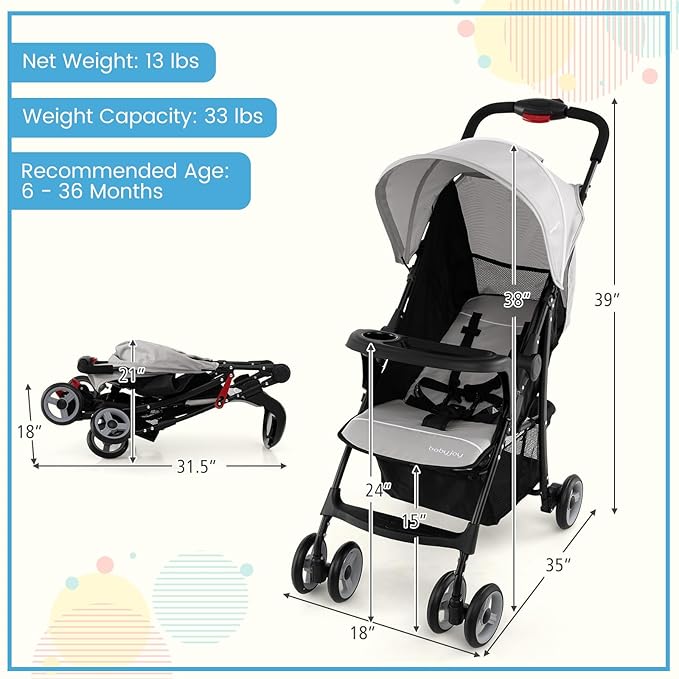 Baby Joy Lightweight Stroller, Compact Toddler Travel Stroller for Airplane, Infant Stroller w/Adjustable Backrest/Footrest/Canopy, 5-Point Harness, Storage Basket, Easy One-Hand Fold (Gray)