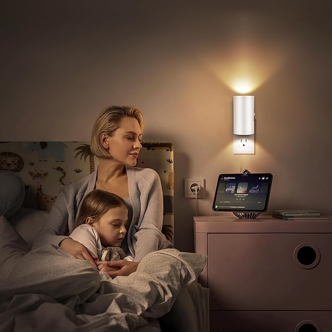 LED Plug-in Wall Night Light with Dimmable 0-300 Lumens, 3000K Soft White, Auto On/Off Light Sensor & Adjustable Head for Hallway, Stairs, Bedroom,2 Pack