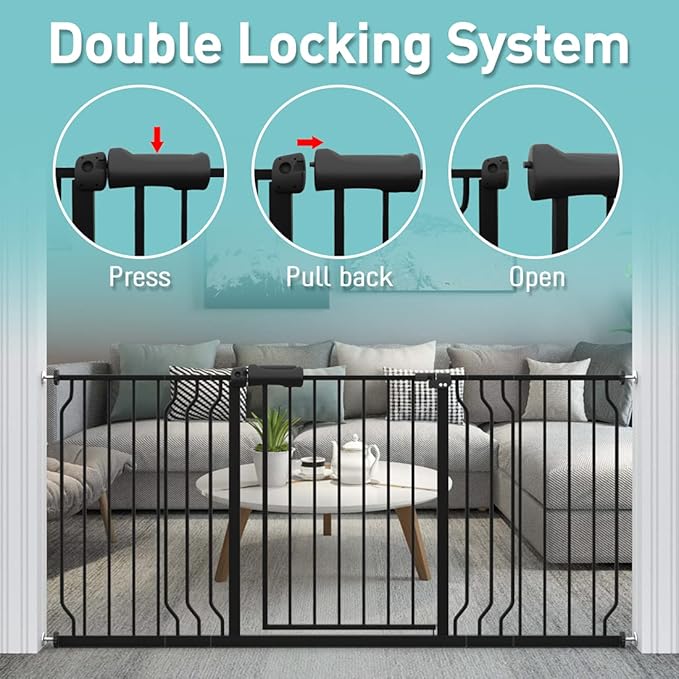 WAOWAO Baby Gate 52.76-57.48" Extra Wide Pressure Mounted Walk Through Swing Auto Close Safety Black Metal Toddler Kids Child Dog Pet Puppy for Stairs,Doorways,Kitchen