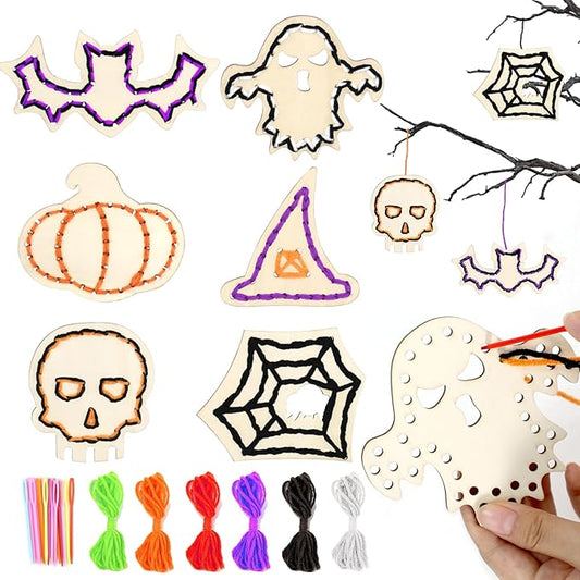 Lacing Cards, 24 Pcs Sewing Cards, Yarn & Needles, Halloween Sewing Crafts for Boys Girls, Fine Motor Skills Threading Crafts for Halloween Party Favors Classroom Activities Art Project Supplies