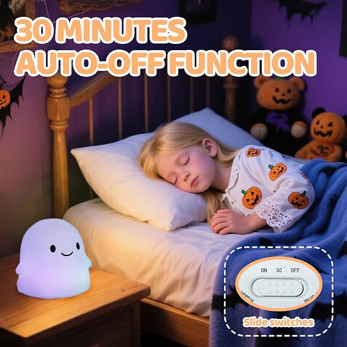 Halloween Ghost Night Light, Cute Ghost Lamp - Halloween Gifts for Kids & Women, Cute Halloween Decor, Dimmable, Rechargeable, 30-Min Timer, Halloween Decorations, Halloween Lights