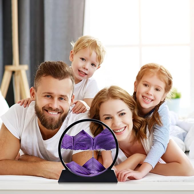 Moving Sand Art Liquid Motion, 3D Deep Sea Sandscape Color Quicksand Decor, Round Glass Moving Sand Art Picture Relaxing Desktop Home Office Work Decor (Purple, 12 inch)