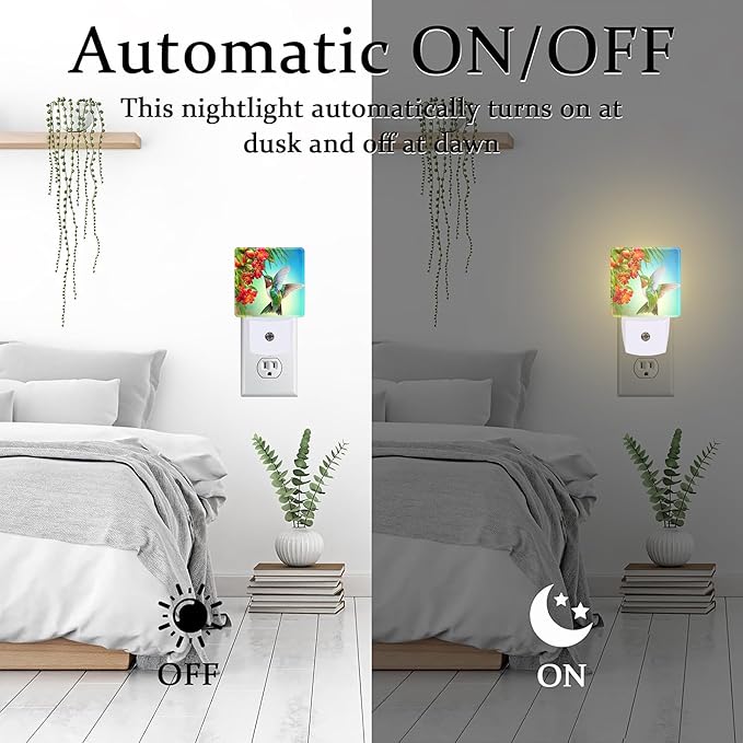 Hummingbird with Flowers Night Light for Kids,Red Tropical Floral Leaves Hummingbird Night Light Plug in with Dusk to Dawn Sensor,0.5w Energy Saving Nightlight for Hallway Stairway Kitchen Bedroom