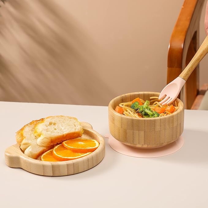 Baby Bowls with Lid,HBM Bamboo Suction Bowls for Baby and Spoon Set,3PC Feeding Supplies Set for Infant, Toddlers,Detachable Silicone Suction Stay Put Base for Wooden Bowl (Pink)