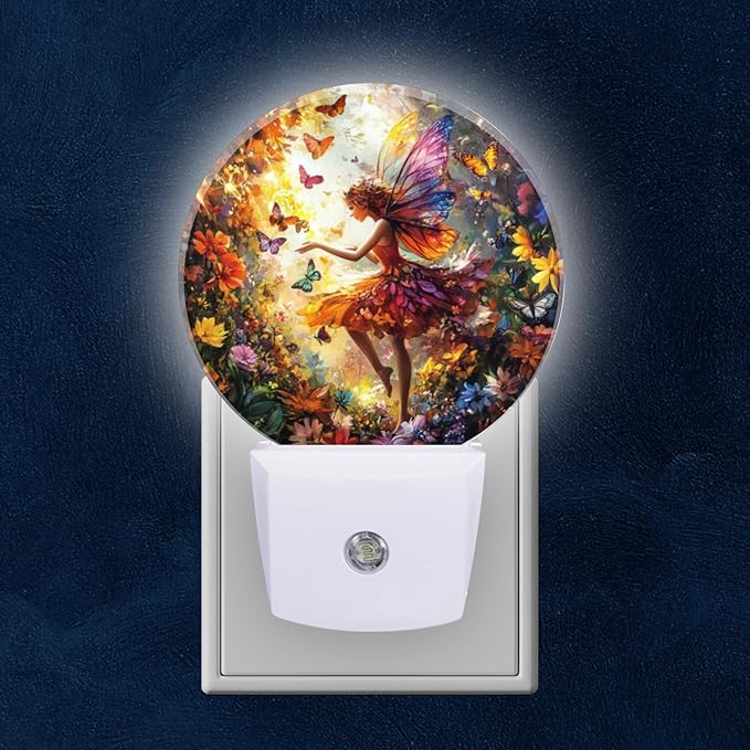 Round LED Night Lights Lamp with Dusk to Dawn Sensor, Beautiful Fairy with Colorful Wings Flying Night Light Plug Into Wall for Kids Room, Bedroom, Bathroom, Kitchen, Hallway
