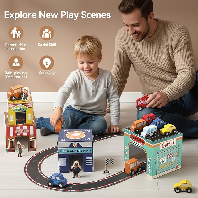 Montessori Scene with Train Tracks Set for Kids, Sorting & Stacking Blocks Toys with Wooden Cars & Community Helpers,Toddler Number Blocks Nesting Boxes, Preschool Learning Toys for Boys Girls Gift