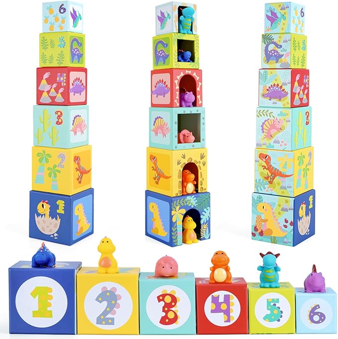 KMTJT Toddlers and Babies Dinosaur Sorting and Stacking Toys Blocks for 1-3 Kids Preschool Learning, Numbers Nesting Boxes Montessori Toys Gifts for 1 2 3 Year Old Baby Boys Girls