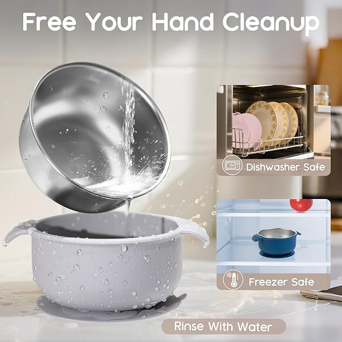 Bella’s Friends Stainless Steel and Silicone Baby Bowls with Suction 3 Pack, 4.3” for Toddlers Kids Feeding, Non-Slip, Non-Toxic, Mess-Free, Dishwasher Safe, Fit High Chair Size,beige green light pink