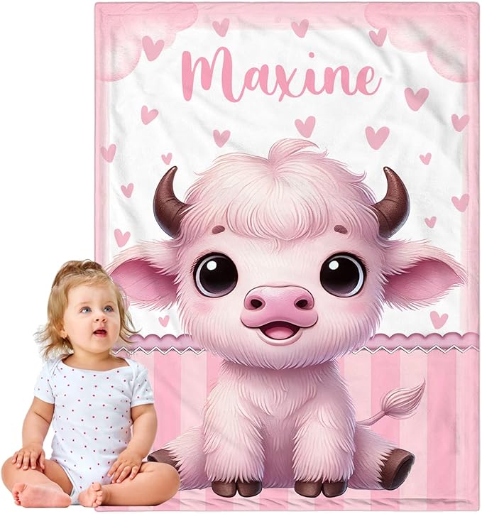 Personalized Baby Blanket for Girls, Custom Baby Blanket with Name, Soft Cozy Personalized Name Blankets for Kids, Customized Cow Blanket for Infant Toddler Birthday Christmas