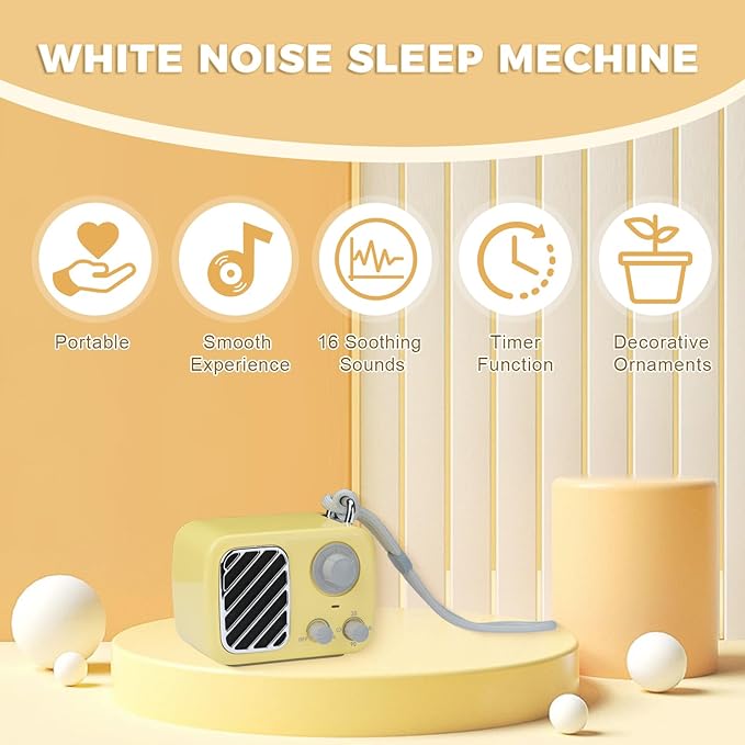 Vintage Style White Noise Machine – Portable Sleep Sound Device with 16 Relaxing Sounds, Timer & Stepless Volume, Rechargeable Sleep Aid & Gift for Teens, Kids, Baby, Travel & Office (Yellow)