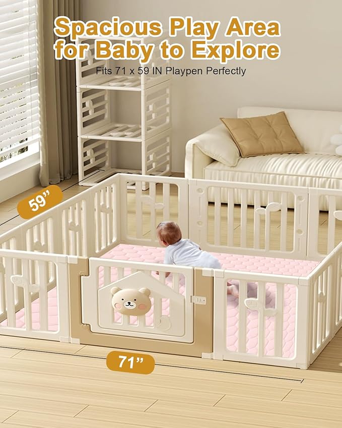 Premium Foam Baby Play Mat 71" x 59" with Removable Cover, Extra Thick Padding Playpen Mat, Non-Slip Floor Mat, Stylish & Easy to Clean for Crawling Baby, Infants & Toddlers, Pink