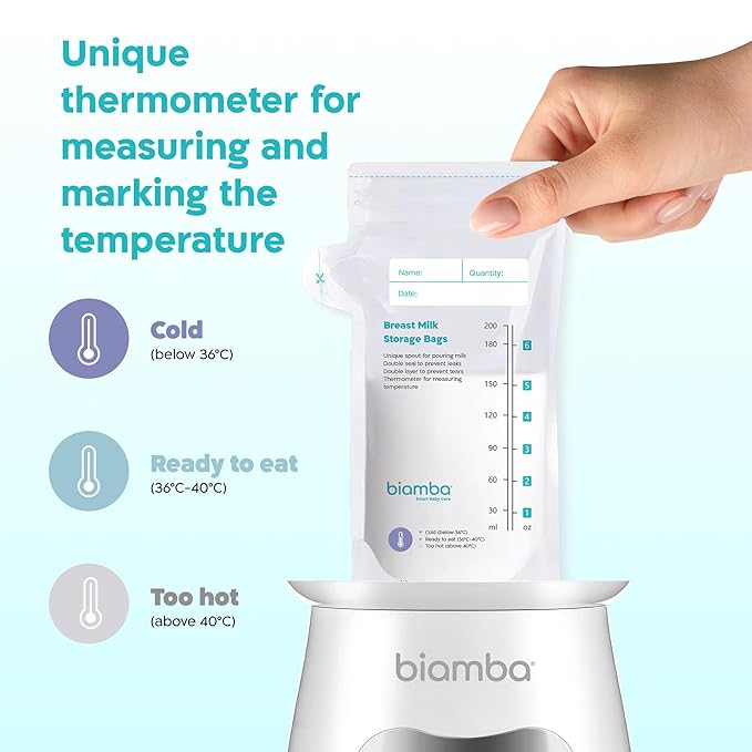50-Piece Milk Storage Bags Breastmilk by Biamba - Breastmilk Storage Bag Freezer BPA-Free, Double Seal Leak-Resistant, Temperature Indicator, Easy Pour Spout, Pre-Sterilized, 200ml / 6.7 Fl.oz Per Bag
