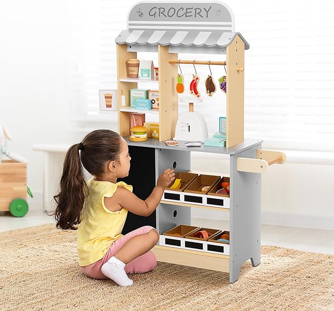 OOOK All-in-One Grocery Store Pretend Play with Chalkboards, Reversible Kids Grocery Store Playset with Oven, Scale, Rolling Wheels, Cash Register and More, for Kids Aged 3+