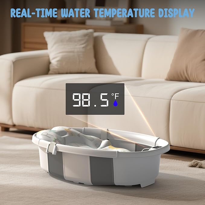 Collapsible Baby Bathtub, 3s to Install, Baby Bath Tub with Soft Cushion & Thermometer, 0-36 Months Newborn Bathtub, Portable Travel Baby Tub, Grey