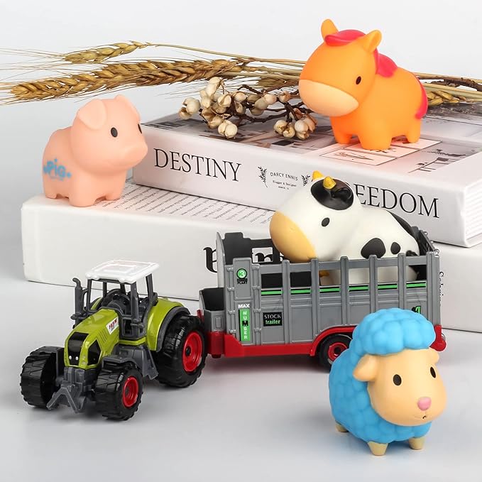 Oriate Farm Tractor Carrier with Cartoon Farm Animals and Playmat, 6 Pack Bath Squirter Silicone Rubber Farm Animal Toys, 47.2” x 31.5” Happy Farm Play mat, Birthday Gifts for Kids