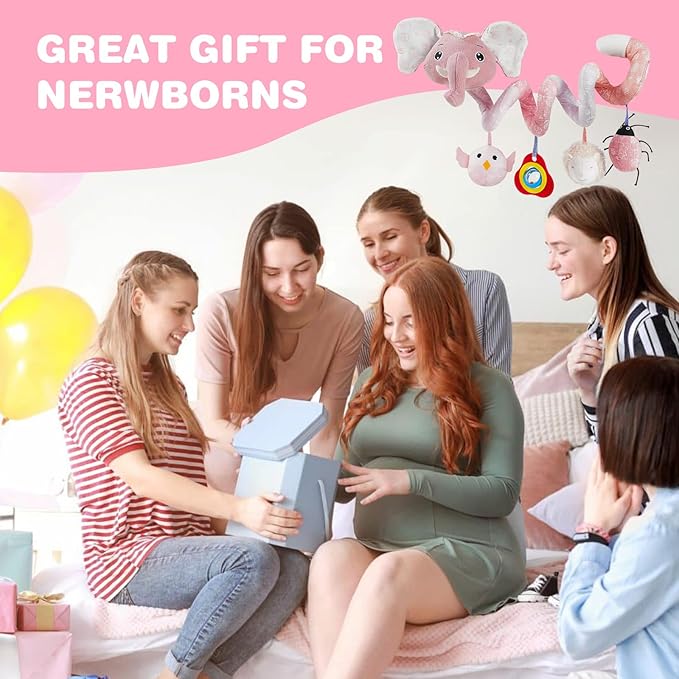 Jollybaby Crib Stroller Car Seat Toys for Baby 0-3-6-9-12 Months, Tummy Time Hanging Sensory Toys for Newborn with Music Box and Teether, Spiral Carseat Toy for Boys Girls Gifts (11-Sz Pink Elephant)