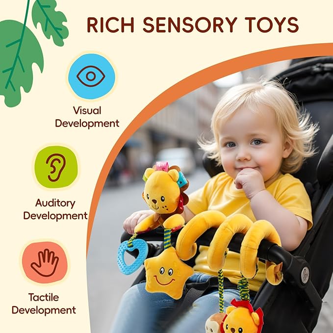 Jollybaby Crib Stroller Car Seat Toys for Baby 0-3-6-9-12 Months, Tummy Time Hanging Sensory Toys for Newborn with Music Box and Teether, Spiral Carseat Toy for Baby Boys Girls Gifts (07-Little Lion)