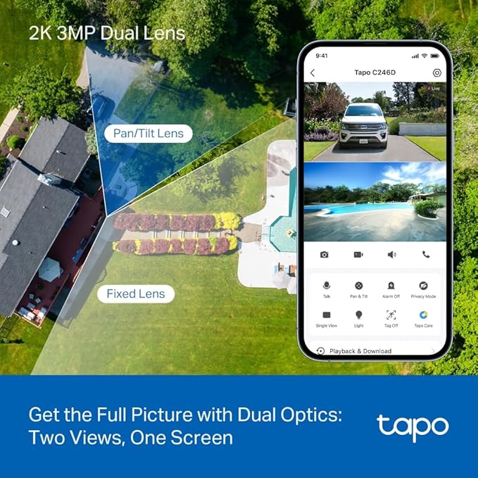 Tapo 2K 3MP Indoor/Outdoor Dual Lens Pan/Tilt Security Camera – 125° Wide-Angle + 6mm Telephoto, Free Person/Vehicle Detection, 360° View, SD/Cloud, Works w/Alexa & Google Home – HybridCam Duo