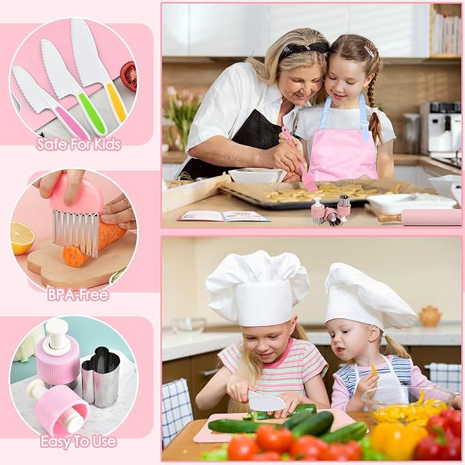 37PCS Kids Cooking Sets Real, Kids Cooking and Baking Gift Set with Storage Case Timer Kid Safe Knives Cutting Board, Toddler Real Kitchen Tools, Birthday Gifts for Girls Boys Age 4 - 8