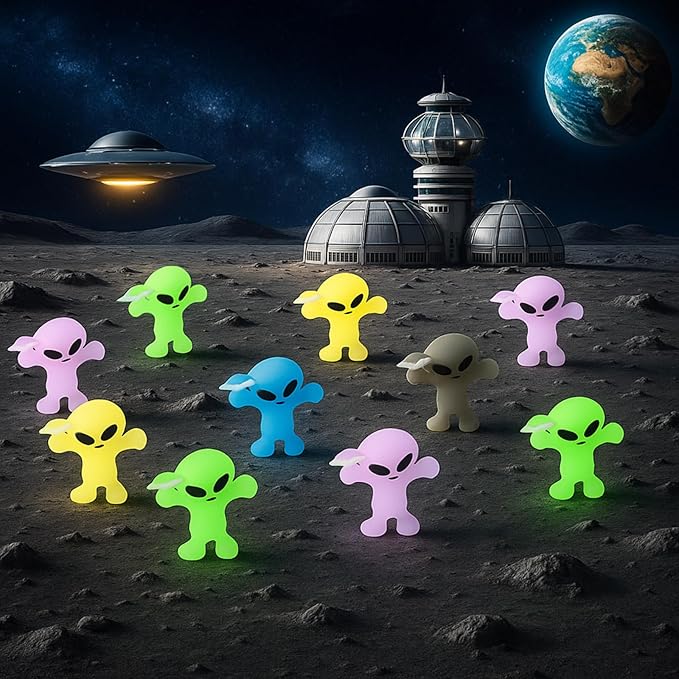 40 Pcs Colorful Mini Alien Figures Glow in The Dark Small Little Tiny Aliens Figurine Space Ship Toy Space Party Favors Prank Rubber Bag Piñata Filler