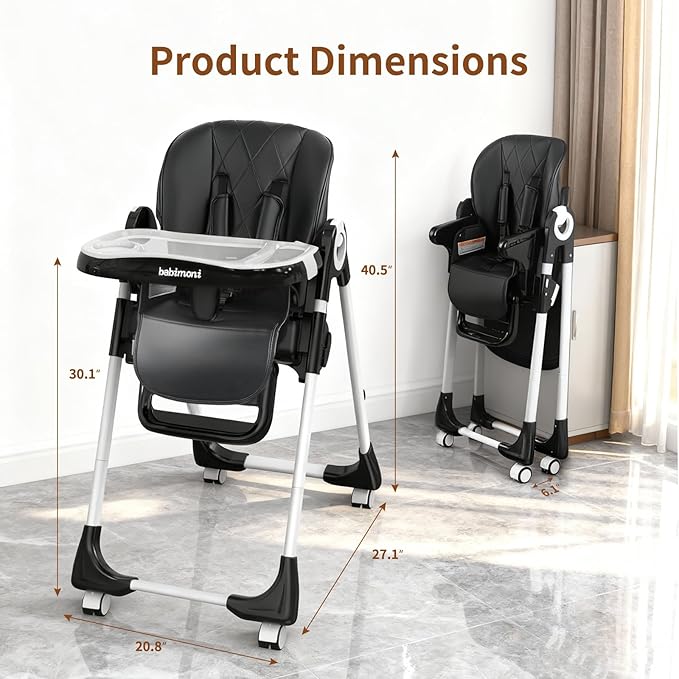 4 in 1 Baby High Chair, High Chairs for Babies and Toddlers, Foldable Highchair with 4 Wheels, 4 Levels of Recline and 7 Levels of Height Adjustment (Black)