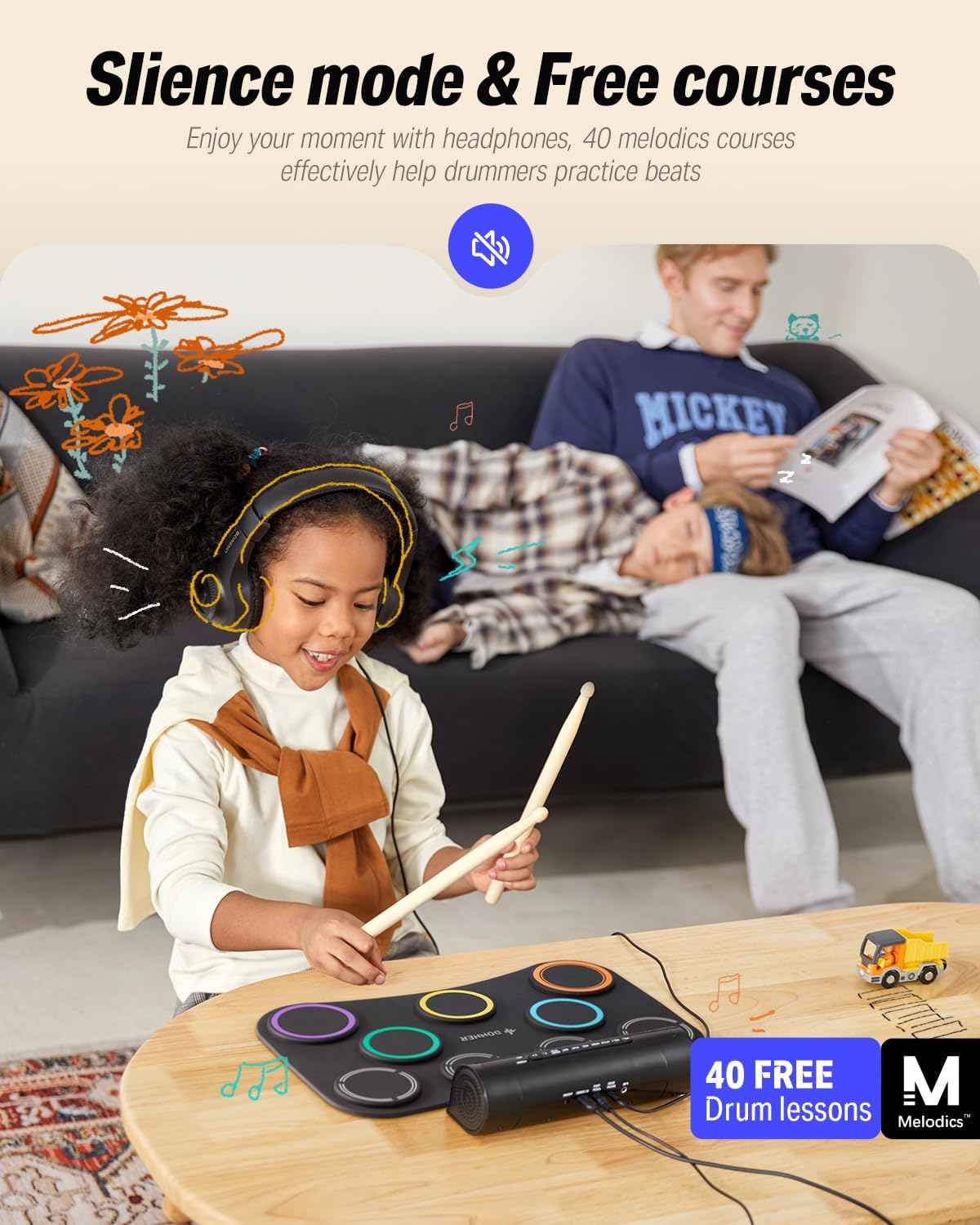 Donner Electric Drum Pad, 9 Pads Electronic Drum Set Roll Up Quiet Drum Pad Built-in Speaker, 40 Drum Lessons Included, Kids Holiday & Birthday Instrument Toys DED-20(SE)