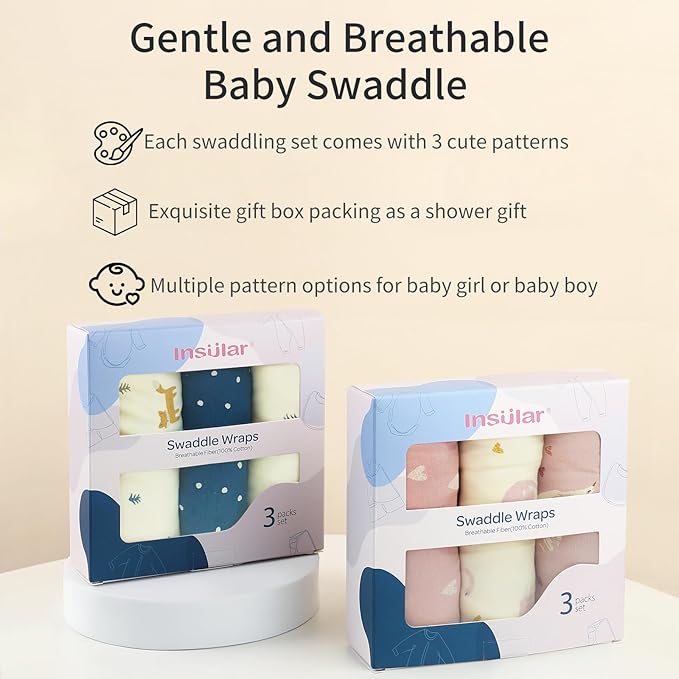 insular Baby Swaddle Wrap, Swaddle Blanket for Newborn and Infant, Adjustable Velcro Swaddling Set for Boy and Girl, Soft Cotton Baby Sleep Sack 3 Pack, Fox, Small(0-3M)