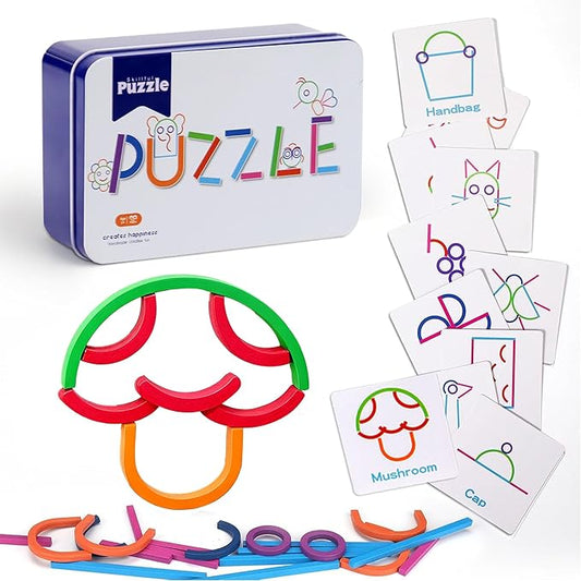 Wooden Pattern Blocks Shape Puzzles Sticks & Rings Wooden Puzzle Stem Preschool Brain Teaser Montessori Toys Gift for 3+ Years Old Activity Kids Boy Girl