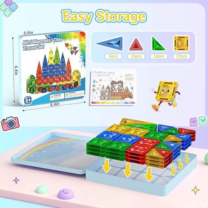 60pcs Mini Magnetic Tiles for Kids Ages 3-8,Travel Magnetic Building Blocks with Metal Storage Box, STEM Educational Toys, Montessori Sensory Learning Toys for Toddlers, Boys & Girls Gift