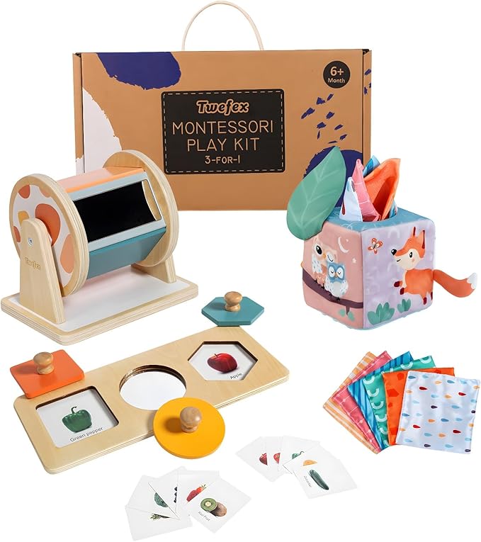 Montessori Toys for Babies 6-12 Months - 3 in 1 Baby Toys Play Kit - Medium Spinning Drum - Baby Tissue Box Toy - Peekaboo Knob Puzzle with Cards - Learning Educational Toy for Boys and Girls