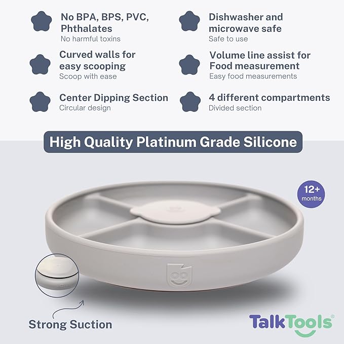 TalkTools Bitsy Silicone Baby Suction Plate with Lid – Divided Toddler Plate for Self-Feeding, Non-Slip, BPA-Free, Dishwasher & Microwave Safe Kids Mealtime Plate.