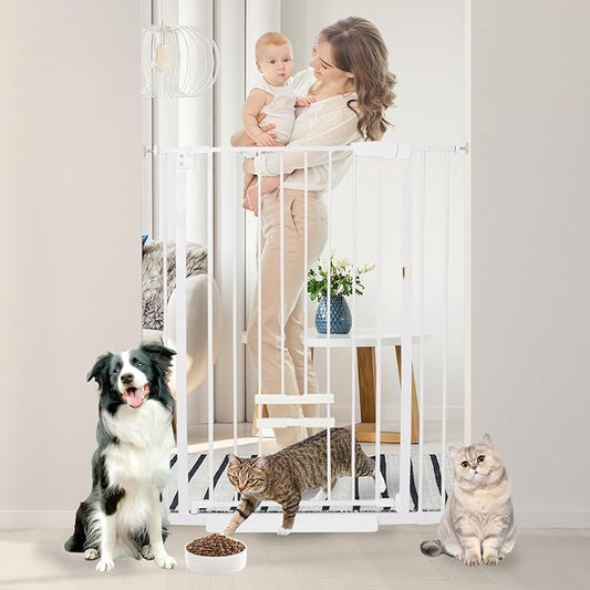 41 Inch Tall Baby Gate with Small Cat Door, Adjustable Auto Close Dog Gate Easy Walk Thru Pet Door for Stairs, Doorway, House (White, 29.52"-35.43")