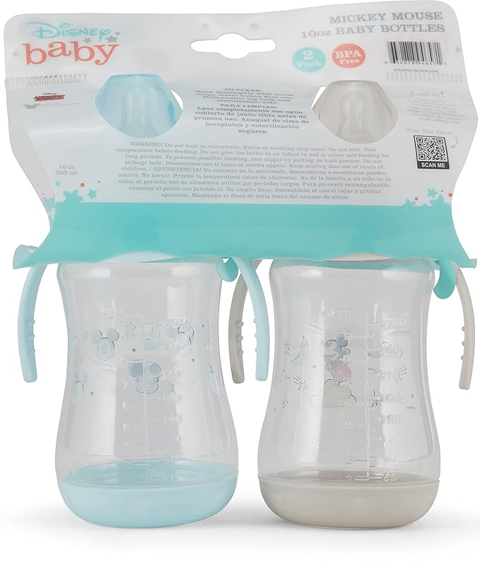 Disney 2 Pack 10 Ounce Baby Bottles with Character Prints and Colored Covers with Double Handle - BPA Free and Easy to Clean