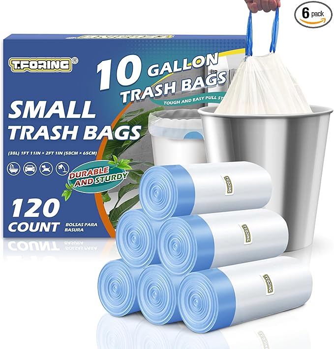 10 Gallon Trash Bags with Drawstring - 120 Count Heavy Duty 1.2 Mil Garbage Bags 38 Liter Unscented White Kitchen Bin Liners for Home & Office
