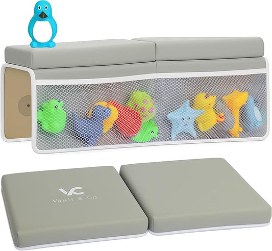 Vault & Co Bath Kneeler and Elbow Rest Pad Set – Extra Thick 1.5” Cushioned Baby Bath Kneeling Pad, Non-Slip Mat with Quick Dry Cover Storage Pockets, Waterproof Support & 5 Fun Bath Toys