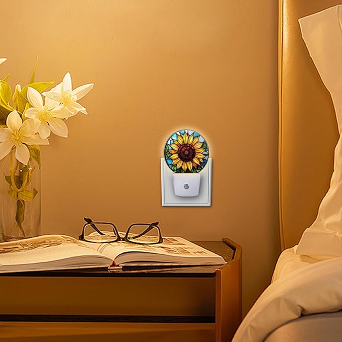 Round LED Night Lights Lamp with Dusk to Dawn Sensor, Yellow Sunflower in The Center Night Light Plug Into Wall for Kids Room, Bedroom, Bathroom, Kitchen, Hallway