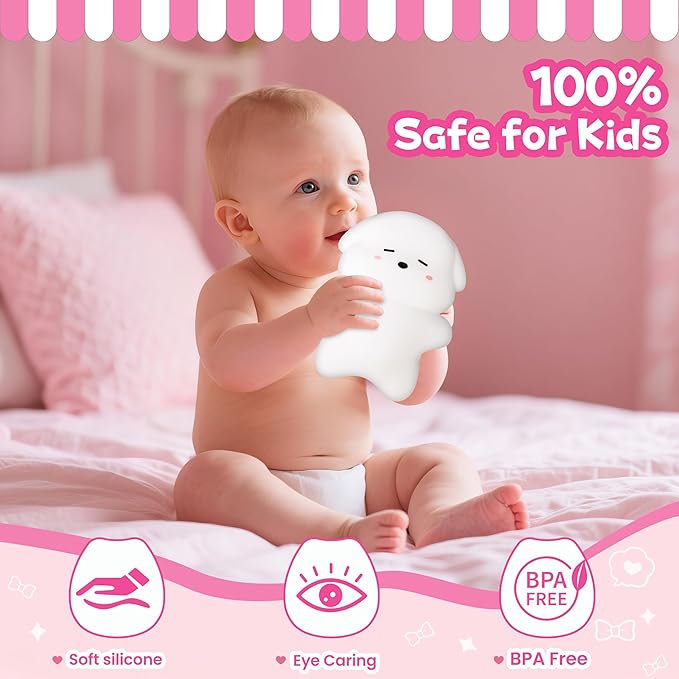 Night Light for Kids, Rechargeable Dimmable Silicone LED Nightlight with 7 Colors, Baby Nursery Night Lamp, Touch Squishy Lamp, Cute Gifts for Girls, Boys, Toddler Room Decor, Lying Dog
