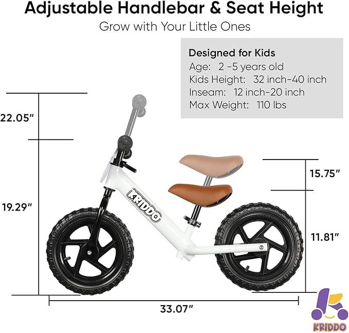 KRIDDO Toddler Balance Bike 2 Year Old, Age 24 Months to 5 Years Old, 12 Inch Push Bicycle with Customize Plate (3 Sets of Stickers Included), Gift Bike for 2-3 Boys Girls, White