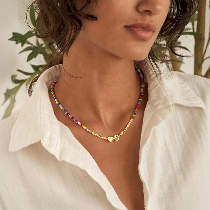 M MOOHAM Stocking Stuffers for Teen Girls Christmas Gifts - Heart Initial Necklaces for Women Kids Colorful Beaded Tiny Heart Initial Choker Necklace Jewelry for Teen Girls Trendy Birthday Gifts