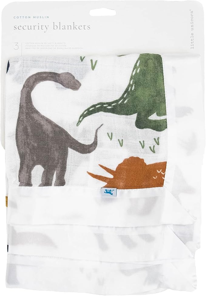 Little Unicorn Security Blankets 3 Pack | 100% Cotton Muslin with Satin Border| Super Soft and Breathable | Baby, Infant, Toddler | Lovey for Boys and Girls | Dino Friends