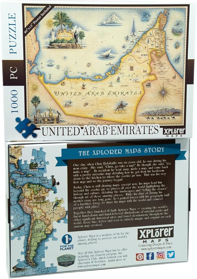 United Arab Emirates Map Cardboard Jigsaw Puzzle - 1000 Pieces, Hand-Illustrated - Educational, Family Activity, Ages 7+, Includes Poster - 25.4 x 19.8