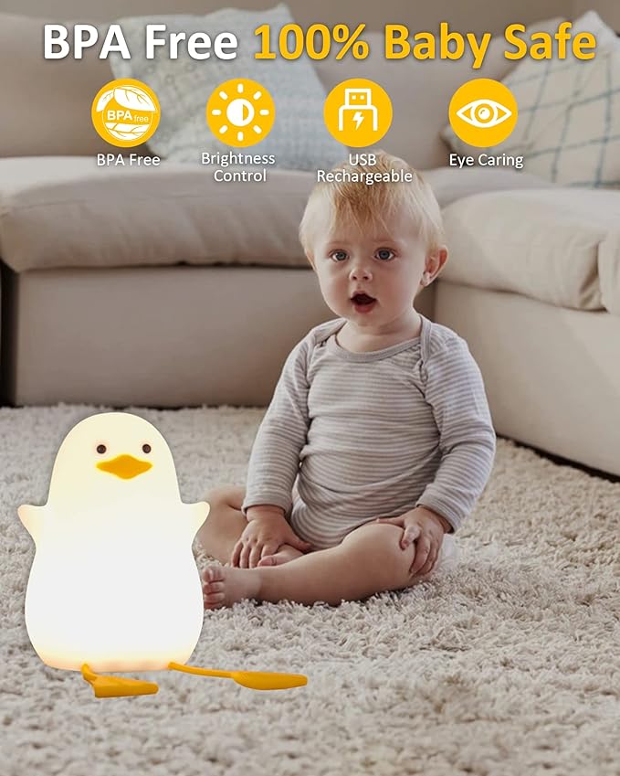 Attivolife Duck Night Light for Kids, Cute Animal Silicone Lamp Touch Control + Dimmable + Timer, USB Rechargeable LED Feeding, Bedside Bedroom Decor Birthday Gifts for Toddler Baby Women